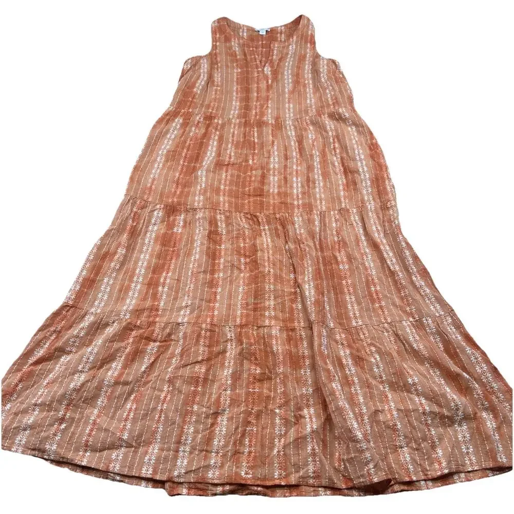 J.Jill Womens Small Sleeveless Tiered Dress Orange White Cotton Swing Dress GC - Picture 2 of 7